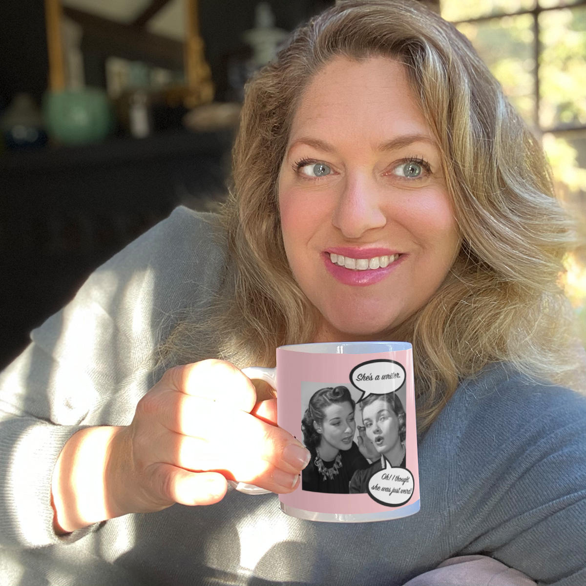 weird writer mug karena writer with a mug